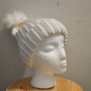 David and Young White and Silver Knit Beanie with Pom Pom